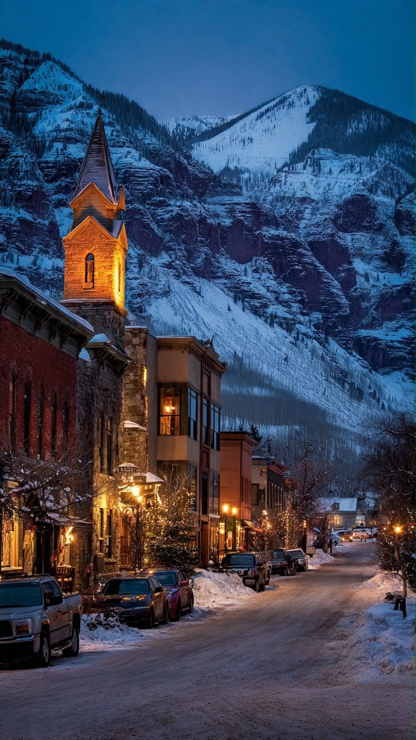 Historic Colorado Avenue in Telluride, Colorado glowing at dusk beneath the snowcapped San Juan Mountains